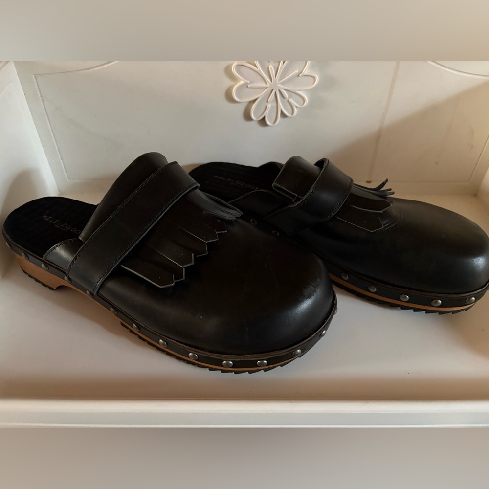 Women’s Kelsi Dagger Brooklyn black leather fringe studded mules SIZE 11